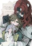  1boy 1girl aleph_(reverse:1999) behind_another beishang_ronghua_bingqilin black_gloves black_mask brown_hair cape chinese_commentary commentary_request covered_face covered_mouth covering_own_mouth cracked_mask gloves green_cape green_eyes hand_up head_on_head head_rest highres holding holding_another's_hair holding_notebook long_hair looking_at_another looking_up mask mole mole_under_eye notebook recoleta_(reverse:1999) red_hair reverse:1999 shirt short_hair upper_body white_background white_shirt 