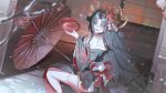  1girl alcohol black_hair black_kimono bowl breasts cleavage commentary_request drunk floral_print floral_print_kimono flower hair_flower hair_ornament highres holding holding_bowl hotori_(nte) japanese_clothes kimono long_hair looking_at_viewer neverness_to_everness off_shoulder oil-paper_umbrella open_mouth print_kimono red_eyes red_kimono sake snow solo thighhighs two-tone_kimono umbrella white_thighhighs wide_sleeves yee_plus 