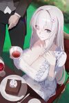  1boy 1girl absurdres artist_request blue_eyes breasts butler cake chair cleavage collarbone commentary_request cup dress flower food frilled_dress frills from_above grass hair_flower hair_ornament heterochromia highres holding holding_cup jewelry korean_commentary lanaria_von_lorelei_(majoamtwaeji) large_breasts long_hair looking_at_viewer mole mole_under_eye necklace on_chair original parted_lips pearl_necklace plate red_eyes ring sitting tea teacup white_dress white_hair 