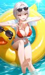  1girl absurdres bikini bikini_bottom_under_shorts bikini_under_clothes blue_shorts blush breasts character_request cleavage commentary crossed_bangs eyewear_on_head feet four-finger_heart_hands full_body grey_hair hair_intakes heart heart_hands highres iyusei_02 large_breasts looking_at_viewer mole mole_on_breast mole_under_eye on_innertube partially_submerged red_bikini red_eyes shirt short_hair shorts side-tie_bikini_bottom soles solo sunglasses sweat swimsuit tied_shirt untranslatable_commentary water wet white_shirt 