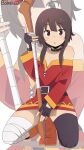  1girl artist_name bambi2000line bandaged_leg bandages bare_shoulders belt belt_collar black_thighhighs boots brown_belt brown_choker brown_hair chestnut_mouth choker collar commentary_request dress fingerless_gloves gloves highres holding holding_staff knee_boots kneeling kono_subarashii_sekai_ni_shukufuku_wo! light_blush looking_at_viewer mage_staff megumin orange_boots red_dress red_eyes short_hair_with_long_locks single_thighhigh solo staff thighhighs white_background zoom_layer 