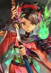  1girl armor brown_eyes brown_hair closed_mouth comb diffraction_spikes fingernails flower glint hair_flower hair_ornament holding holding_sheath holding_sword holding_weapon hungry_clicker japanese_armor japanese_clothes katana kimono kote looking_at_viewer looking_to_the_side momohime oboro_muramasa pink_flower red_kimono scabbard sheath shoulder_armor sode solo sword unsheathing upper_body weapon wide_sleeves will-o'-the-wisp_(mythology) 
