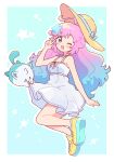  1girl :d ;d absurdres ahoge bare_shoulders blue_background blue_eyes blue_hair border breasts check_commentary commentary_request compato_lilly creature dress full_body gradient_hair hair_ornament hand_up hat highres long_hair looking_at_viewer mahou_no_shimai_lulutto_lilly md_(mdlmn) multicolored_hair nonoyama_fuu one_eye_closed outline outside_border pink_hair pink_ribbon ribbon shoe_soles shoes sleeveless sleeveless_dress smile solo star_(symbol) star_hair_ornament sun_hat sundress two-tone_hair uguisu_(mahou_no_shimai_lulutto_lilly) unworn_hat unworn_headwear w white_border white_dress white_outline yellow_shoes 