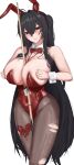  1girl animal_ear_hairband animal_ears azur_lane between_breasts black_hair bow bowtie breasts commentary_request cue_stick fake_animal_ears hairband highres huge_breasts laddered_pantyhose leotard long_hair looking_at_viewer pantyhose playboy_bunny rabbit_ear_hairband rabbit_ears red_bow red_bowtie red_eyes red_hairband red_leotard simple_background solo standing strapless strapless_leotard taihou_(azur_lane) taihou_(fun_on_the_baize)_(azur_lane) thigh_bow tkaki torn_clothes torn_pantyhose undersized_breast_cup very_long_hair white_background white_wrist_cuffs wrist_cuffs 