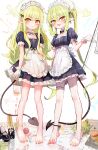  ! 2girls :d a1u absurdres alternate_costume ankle_ribbon apron bare_legs barefoot black_dress black_ribbon black_shoes black_tail blue_archive breasts commentary demon_girl demon_tail dress earrings enmaided fang frilled_dress frills gloves green_hair green_halo green_nails halo heart highres hikari_(blue_archive) holding holding_brush jewelry leg_ribbon long_hair looking_at_viewer maid maid_headdress multiple_girls nail_polish nozomi_(blue_archive) open_mouth orange_eyes pointy_ears puffy_short_sleeves puffy_sleeves ribbon shoes short_dress short_sleeves siblings sisters skin_fang small_breasts smile standing stirrup_legwear tail thighhighs toeless_legwear toenail_polish toenails toes twins twintails unworn_shoes very_long_hair white_apron white_gloves white_thighhighs 