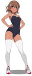  1girl alternate_costume ass_visible_through_thighs asymmetrical_bangs bare_arms black_one-piece_swimsuit blush breasts brown_eyes brown_hair cameltoe closed_mouth collarbone commentary_request covered_navel covered_nipples frozen_gingasan full_body hair_ornament hairclip hand_on_own_hip highres looking_at_viewer misaka_mikoto one-piece_swimsuit shoes short_hair small_breasts smile sneakers solo swimsuit tan thighhighs toaru_kagaku_no_railgun toaru_majutsu_no_index white_background white_thighhighs 