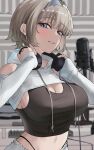  1girl absurdres black_panties black_tank_top blue_eyes blurry blurry_background breasts cleavage commentary_request computer_keyboard cropped_hoodie goddess_of_victory:_nikke grey_hair grey_headband headband headphones headphones_around_neck highres hood hood_down hoodie kv0vr large_breasts long_sleeves looking_at_viewer medium_hair microphone navel panties panty_straps prika_(nikke) smile solo tank_top underwear upper_body white_hoodie 