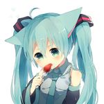  ahoge animal_ears aqua_hair bad_id bad_pixiv_id cat_ears detached_sleeves eating food food_on_face fork fruit green_eyes hatsune_miku long_hair necktie solo strawberry twintails vocaloid white_background yuya_kyoro 