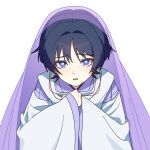  1boy black_hair blue_pupils blunt_ends clenched_hands commentary_request eyeliner genshin_impact hag_(hag_015) hair_intakes hands_on_own_chest highres japanese_clothes kariginu kimono layered_sleeves long_sleeves looking_at_viewer makeup male_focus portrait purple_eyes purple_kimono purple_sleeves purple_veil red_eyeliner scaramouche_(genshin_impact) see-through_clothes see-through_veil solo straight-on string tearing_up tears tsurime veil wanderer_(genshin_impact) wavy_eyes white_background white_sleeves wide_sleeves wispy_bangs 