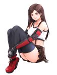  1girl black_gloves black_skirt black_thighhighs breasts brown_hair cleavage commentary_request earrings elbow_gloves final_fantasy final_fantasy_vii final_fantasy_vii_remake gloves highres jewelry long_hair looking_at_viewer red_eyes red_shoes shoes sitting skirt smile solo tank_top thick_thighs thighhighs thighs tifa_lockhart tuzi717 white_background white_tank_top zettai_ryouiki 