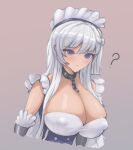  1girl ? @_@ absurdres azur_lane belfast_(azur_lane) blue_eyes breasts cleavage commentary covered_nipples dress frills highres large_breasts long_hair maid_headdress simple_background solo starving_for_more white_hair 