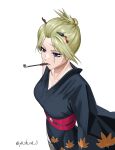  1girl black_kimono blonde_hair breasts commentary cowboy_shot fishnet_thighhighs fishnets folded_ponytail gintama highres japanese_clothes kimono kunai large_breasts leaf_print long_sleeves looking_ahead maple_leaf_print nose parted_bangs parted_lips print_kimono purple_eyes red_sash sash short_hair sidelocks simple_background smoking_pipe solo stitched_face stitched_forehead stitches thighhighs tsukuyo_(gintama) twitter_username weapon white_background wide_sleeves yoshino_(laencl) 