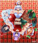  6+girls :3 absurdres ahoge animal_ear_hairband animal_ears antlers aqua_eyes aqua_hair artist_name bare_shoulders bell belt_collar black_hair blue_eyes blue_hair blunt_bangs bow bowtie breast_press breasts britanny_yse_(bearhuggoddess) cable_knit calistra_etoile_(luckyxlotus) christmas circle_formation closed_mouth collar commentary commission covered_eyes crossed_bangs curtained_hair dark-skinned_female dark_skin drill_hair english_commentary fake_animal_ears fake_antlers flipped_sidelocks gradient_hair green_eyes hair_between_eyes hair_bow hair_over_eyes hair_over_one_eye hairband half-closed_eyes hat highres horns huge_breasts jeanne_de_latimer_hastings_(devastatednya) jingle_bell karina_rine_(sintsuke) merry_christmas mistletoe multicolored_hair multiple_girls neck_bell one_eye_closed orange_hair original plaid_background purple_eyes purple_hair purple_lips rabbit_ear_hairband rabbit_ears raionkiba red_background red_bow red_bowtie red_hairband red_lips red_sweater reindeer_antlers santa_hat smile snowflake_background snowflake_print sweater tiffany_grace_(hts9) white_hair yellow_eyes yukipo_rose_(lordofthelockerroom) 