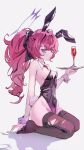  1girl animal_ears blue_archive bow breasts champagne_flute cheongbin commentary_request cup detached_collar drinking_glass from_side hair_bow halo highres holding holding_plate iroha_(blue_archive) long_hair looking_at_viewer plate playboy_bunny ponytail rabbit_ears rabbit_tail red_hair seiza shadow sitting small_breasts solo tail thighhighs torn_clothes torn_thighhighs wrist_cuffs 