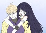  1boy 1girl armlet bare_shoulders black_choker black_gloves blonde_hair blue_eyes blue_hair blush boruto:_naruto_next_generations boruto:_two_blue_vortex boruto_(series) bracelet choker closed_eyes closed_mouth couple cuddling facial_mark fingerless_gloves from_behind gloves highres hood hoodie hug hug_from_behind jacket jewelry light_smile long_hair looking_at_another looking_to_the_side naruto_(series) open_mouth pale_skin purple_hoodie purple_jacket rozan_arts shirt silver_armlet sleeveless sleeveless_shirt smile sweater tank_top turtleneck turtleneck_sweater uzumaki_himawari wavy_hair whisker_markings yamanaka_inojin yellow_tank_top 