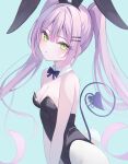  1girl akinokazuya animal_ear_hairband animal_ears black_bow black_bowtie black_leotard blue_background bow bowtie breasts cleavage commentary_request demon_tail detached_collar fake_animal_ears green_eyes hairband hololive leotard long_hair multiple_tails pantyhose playboy_bunny purple_hair rabbit_ears rabbit_tail small_breasts solo strapless strapless_leotard tail tokoyami_towa twintails virtual_youtuber white_pantyhose 