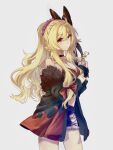  1girl alternate_costume alternate_hairstyle bikini bikini_top_only black_bow black_choker black_coat blonde_hair bow breasts choker cleavage closed_mouth coat commentary english_commentary flame_print hair_bow highres kirisame_marisa kirisame_marisa_(witch_of_scarlet_dreams) kirisame_marisa_(witch_of_scarlet_dreams_on_vacation) large_breasts long_hair looking_at_viewer neat_ad4816 ponytail red_bikini red_eyes short_shorts shorts solo swimsuit touhou touhou_lostword very_long_hair 