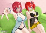  2girls absurdres aiba_ami artcetona babydoll bare_shoulders black_babydoll black_panties blue_babydoll blue_eyes breasts cleavage commentary_request commission digimon digimon_story:_cyber_sleuth highres large_breasts multiple_girls panties red_hair shiramine_nokia short_hair shorts side_ponytail underwear v yellow_shorts 