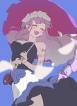  1girl ^_^ arm_tattoo bare_shoulders birthday black_dress blue_sky blunt_bangs blush closed_eyes dated dress drill_hair floating_hair highres holding holding_umbrella katayori00 long_hair one_piece open_mouth perona pink_hair pink_nails sky smile solo tattoo umbrella upper_body white_dress 