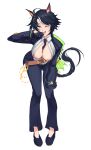  1girl absurdres ahoge animal_ear_piercing animal_ears arm_up ass_visible_through_thighs belt belt_buckle bent_over between_breasts black_gloves black_hair black_jacket black_necktie black_pants black_shoes blue_eyes breasts brown_belt buckle center_frills center_opening clothes_between_breasts collared_shirt ear_ornament english_commentary frilled_shirt frills fuji_kiseki_(shooting_star_revue)_(umamusume) fuji_kiseki_(umamusume) full_body gloves hand_on_own_thigh hand_up hanging_breasts highres horse_ears horse_girl horse_tail jacket large_breasts long_sleeves looking_at_viewer multicolored_hair necktie necktie_between_breasts nipple_slip nipples no_bra one_breast_out one_eye_closed open_clothes open_jacket open_mouth pants parted_bangs shirt shoes short_hair simple_background smile smugigante solo straight-on streaked_hair sweat tail two-tone_hair umamusume unaligned_breasts wardrobe_malfunction white_background white_hair white_shirt white_streaks wing_collar wiping_sweat 