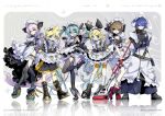  2boys 4girls apron aqua_eyes aqua_hair arm_tattoo artist_name bandaid bandaid_on_leg black_dress black_gloves black_shoes black_shorts blonde_hair blue_eyes blue_hair breasts brown_eyes brown_hair cake cleavage commentary_request company_name copyright_notice cream dress food frilled_apron frills fruit full_body gloves grey_eyes hair_ornament hairclip hatsune_miku holding_own_dress jersey_maid kagamine_len kagamine_rin kaito_(vocaloid) long_hair maid maid_headdress megurine_luka meiko_(vocaloid) multiple_boys multiple_girls number_tattoo nyamofe official_art pink_hair reflection shoes short_hair shorts spiked_hair standing strawberry strawberry_shortcake tattoo thigh_strap translation_request twintails unconventional_maid vacuum_cleaner very_long_hair vocaloid waist_apron white_apron 