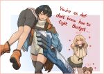  1boy 2girls ass black_hair blonde_hair blush bridget_(guilty_gear) carrying_over_shoulder commentary english_commentary english_text engrish_text fan_request guilty_gear guilty_gear_strive heart heart-shaped_pupils highres jacket may_(guilty_gear) multiple_girls one_eye_closed ranguage roger_(guilty_gear) shorts sugajyun symbol-shaped_pupils thighhighs trap unika_(guilty_gear) 