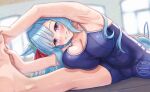  1girl animal_ears blue_hair blue_one-piece_swimsuit blush braid breasts commentary_request competition_school_swimsuit crown_braid ear_ornament exercising highres horse_ears horse_girl horse_tail large_breasts lio_(maguri) long_hair looking_at_viewer mejiro_ardan_(umamusume) one-piece_swimsuit pool poolside purple_eyes school_swimsuit solo swimsuit tail tracen_swimsuit umamusume umamusume:_cinderella_gray 