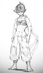  barefoot bra breasts choker dougi graphite_(medium) greyscale highres makoto_(street_fighter) monochrome no_shirt pants ribbon_choker satou_kana short_hair small_breasts solo street_fighter tomboy toned traditional_media underwear 