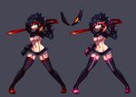  black_hair boots breasts elbow_gloves gloves highlights kill_la_kill lowres matoi_ryuuko medium_breasts multicolored_hair navel over_shoulder pixel_art revealing_clothes scissors shirosu short_hair standing suspenders thigh_boots thighhighs underboob weapon weapon_over_shoulder 