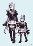  2girls alternate_costume apron blue_hair breasts cosplay fang female_kana_(fire_emblem) fire_emblem fire_emblem_fates flora_(fire_emblem) flora_(fire_emblem)_(cosplay) grey_eyes hair_bun hand_on_own_cheek hand_on_own_face highres maid maid_apron maid_headdress medium_breasts mother_and_child mother_and_daughter multiple_girls nohrian_maid_uniform parent_and_child pointy_ears simple_background sketch small_breasts thighhighs thighs twintails whimcb 