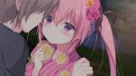  1boy 1girl black_ribbon blush brown_hair flower game_asset hair_between_eyes hair_flower hair_ornament hair_ribbon hand_on_another's_shoulder hetero japanese_clothes kimono koi_ni_kanmi_o_soete long_hair looking_at_another miyasaka_miyu miyasaka_naco niwasaka_rira outdoors pink_hair pink_kimono purple_eyes ribbon twintails yukata 