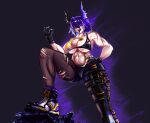  1girl absurdres asymmetrical_horns black_bra black_gloves black_shorts bra breasts commentary dragon_girl dragon_horns glove_nails gloves hair_between_eyes heterochromia highres horns indie_virtual_youtuber large_breasts looking_at_viewer mismatched_horns multicolored_bra multicolored_hair muscular muscular_female nekaros_2 open_mouth pantyhose purple_eyes purple_hair purple_horns scar scar_across_eye scar_on_face short_hair shorts solo standing suki_sekine tongue tongue_out torn_clothes torn_pantyhose underwear untranslatable_commentary virtual_youtuber white_hair yellow_bra yellow_eyes yellow_horns 