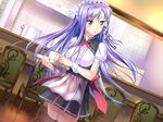  1girl aozora_stripe blue_eyes cup female game_cg long_hair open_mouth piromizu purple_hair solo tray tsuruno_satsuki 