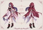  1girl absurdres acheron_(honkai:_star_rail) alternate_hairstyle basket bow braid breasts choker cloak commentary dogae dress english_commentary english_text floral_background floral_print full_body hair_over_one_eye highres honkai:_star_rail honkai_(series) hood large_breasts layered_dress little_red_riding_hood_(fairy_tale) little_red_riding_hood_(fairy_tale_character) official_alternate_costume platform_heels purple_eyes purple_hair single_braid skirt 