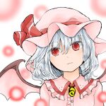  1girl bat_wings blue_hair brooch closed_mouth collared_shirt commentary_request danmaku frilled_shirt_collar frills hat hat_ribbon jewelry looking_at_viewer mangetsu_(yayoi) mob_cap pink_hat red_eyes remilia_scarlet ribbon shirt simple_background solo touhou upper_body white_background wings 