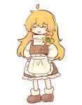  1girl apron black_skirt black_vest blonde_hair blush boots bow braid brown_boots closed_mouth commentary_request deformed edamanecha frilled_skirt frills full_body green_bow hair_bow highres kirisame_marisa missing_headwear paint_chat_(medium) side_braid simple_background single_braid skirt smile solo touhou vest waist_apron white_apron white_background 
