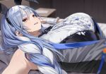  1girl animal_ears bed_sheet black_vest blue_hair blush bow bowtie braid braided_ponytail breasts center_frills commentary fake_animal_ears frills gurumie highres hololive huge_breasts long_hair lying multicolored_hair on_back on_bed orange_eyes paid_reward_available parted_lips pekomama pekomama_(bunny_costume) rabbit_ears rabbit_girl shiny_skin short_eyebrows solo thick_eyebrows very_long_hair vest virtual_youtuber white_hair white_wrist_cuffs wrist_cuffs 