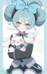  >_< 1girl :d bare_shoulders black_skirt black_sleeves blue_border blue_eyes blue_hair blue_necktie blush border cinnamiku cinnamoroll closed_mouth collared_shirt commentary_request cowboy_shot dated detached_sleeves double-parted_bangs fuwa_fuwa_cinnamoroll grey_shirt hair_between_eyes hair_intakes hasei_(hasei01) hatsune_miku heart highres holding long_sleeves looking_at_viewer miniskirt necktie number_tattoo open_mouth outside_border pleated_skirt sanrio shirt short_hair shoulder_tattoo skirt sleeveless sleeveless_shirt smile star_(symbol) tattoo tie_clip twintails twitter_username updo vocaloid white_background xd 