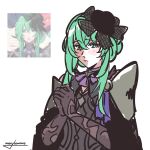  1girl armor artist_name brown_gloves closed_mouth commentary crossed_bangs fascinator fire_emblem fire_emblem:_fortune's_weave game_screenshot_inset gloves green_eyes green_hair hair_between_eyes hat highres merylemons mini_hat ninae_(fire_emblem) own_hands_clasped own_hands_together screenshot_inset shoulder_armor simple_background untranslatable_commentary upper_body white_background 