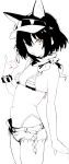  1girl absurdres animal_ear_fluff animal_ears arm_at_side bikini blue_archive breasts commentary_request cowboy_shot cutoffs denim denim_shorts extra_ears flower fox_ears fox_shadow_puppet from_side hair_flower hair_ornament highleg highleg_bikini highres izuna_(blue_archive) izuna_(swimsuit)_(blue_archive) lineart looking_at_viewer medium_hair micro_shorts milin512 missing_tail official_alternate_costume open_fly open_mouth scarf shorts simple_background small_breasts solo standing string string_bikini swimsuit triangle_bikini_top unfinished visor_cap white_background yellow_eyes 
