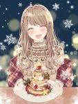  1girl blurry blush bokeh braid brown_hair brown_sweater christmas christmas_sweater closed_eyes commentary_request depth_of_field facing_viewer food head_tilt highres holding holding_plate kagamiya_ruru lips long_sleeves night open_mouth original outdoors pancake pink_nails plaid_clothes plaid_shawl plate red_shawl shawl signature smile snowflakes snowing solo sweater turtleneck turtleneck_sweater upper_body winter 