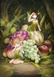  akai_kitsune apple bad_id bad_pixiv_id brown_hair closed_eyes dress fairy food fruit grapes green_dress green_eyes minigirl multiple_girls open_mouth original pointy_ears shading_eyes sitting smile strapless strapless_dress twintails wariza 
