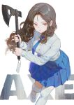  1girl absurdres axe blue_necktie blue_skirt brown_hair collared_shirt commentary ddal english_text feet_out_of_frame highres holding holding_axe long_hair looking_at_viewer necktie open_mouth original pleated_skirt red_eyes shirt shoes simple_background skirt solo standing thighhighs untranslatable_commentary white_background white_shirt white_shoes white_thighhighs 