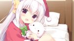  1girl :d bed bed_sheet blurry blurry_background blush bow bowtie capelet collared_shirt depth_of_field fur-trimmed_capelet fur-trimmed_headwear fur_trim game_asset green_bow green_bowtie hair_between_eyes hair_bow hat head_tilt hugging_object inae_koron indoors knees_up koi_ni_kanmi_o_soete long_hair looking_at_viewer miyasaka_miyu miyasaka_naco on_bed open_mouth pillow red_capelet red_eyes santa_costume santa_hat shirt sitting smile solo stuffed_animal stuffed_cat stuffed_toy very_long_hair white_hair yellow_bow 