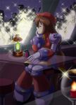  1girl android beret box brown_hair candle chin_rest christmas cityscape dress gift gift_box glass_table glint gloves green_eyes hair_between_eyes hat iris_(rockman_x) long_hair low-tied_long_hair napo rockman rockman_x rockman_x4 sitting smile solo sparkle table very_long_hair white_gloves window 