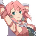  1girl alexandra_(fire_emblem) arm_behind_head armpits arms_up blush breasts commentary_request curakuru fire_emblem fire_emblem:_fortune's_weave green_eyes light_blush looking_at_viewer medium_breasts medium_hair open_mouth parted_lips pink_hair sideboob simple_background smile solo upper_body white_background 