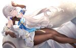  1girl bodystocking breasts bronya_rand collarbone commentary crossed_bangs dress earrings elbow_gloves gloves grey_eyes grey_hair hair_between_eyes highres honkai:_star_rail honkai_(series) itijo_sibuki jewelry long_hair sitting solo tassel untranslatable_commentary white_dress 