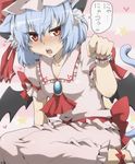  animal_ears anklet ascot bat_wings blue_hair blush cat_ears cat_tail collarbone hat heart jewelry kemonomimi_mode nitoni open_mouth red_eyes remilia_scarlet seiza short_hair short_sleeves sitting speech_bubble star sweatdrop tail touhou translated wings wrist_cuffs 