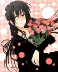  black_hair blush bouquet checkered checkered_background collarbone commentary_request cross cross_earrings dutch_angle earrings expressionless flower hair_between_eyes jewelry long_hair looking_at_viewer original red_flower red_rose ring rose solo willowonion yellow_eyes 