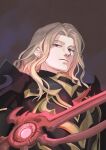  1boy answerer_(weapon) armor black_armor closed_mouth dietrich_(fire_emblem) felia_hanakata fire_emblem fire_emblem:_fortune's_weave gold_trim grey_background highres holding holding_sword holding_weapon looking_at_viewer male_focus parted_hair pauldrons red_eyes shoulder_armor simple_background solo spiked_armor spiked_pauldrons spikes sword upper_body weapon 